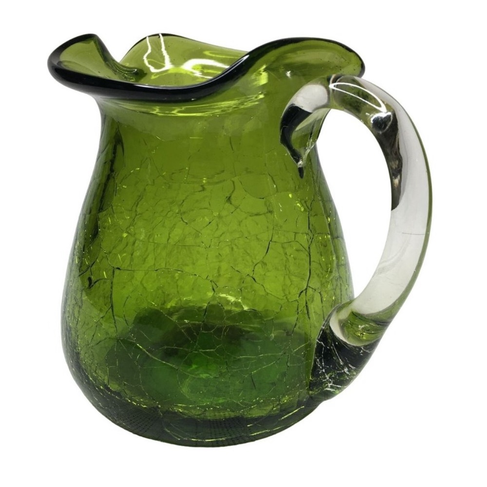 Vintage Blenko green crackle glass pitcher with clear glass handle
